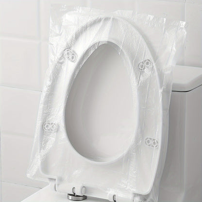 50 portable disposable toilet seat covers, transparent plastic, waterproof and hygienic, cushioned paper alternative for travel.