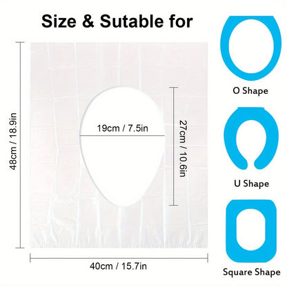 50 portable disposable toilet seat covers, transparent plastic, waterproof and hygienic, cushioned paper alternative for travel.