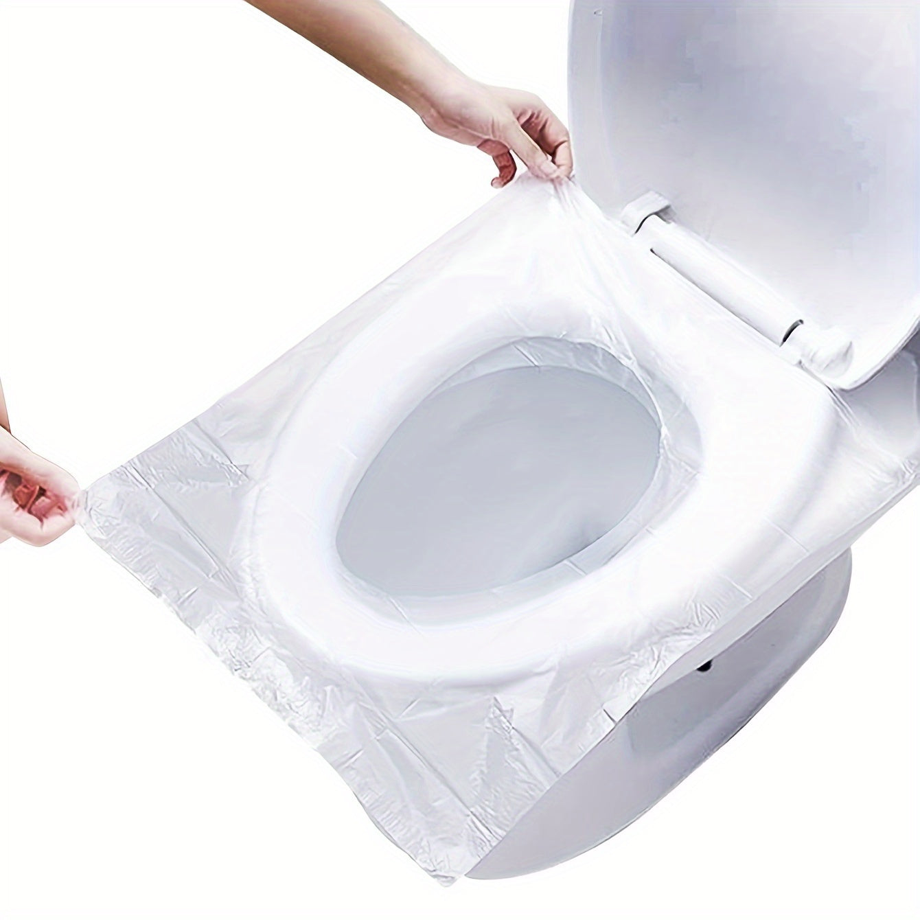 50 portable disposable toilet seat covers, transparent plastic, waterproof and hygienic, cushioned paper alternative for travel.