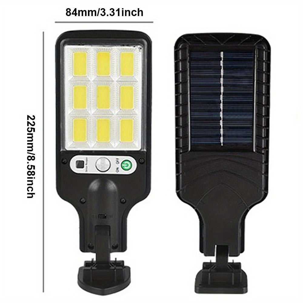 2 Solar motion sensor lights with remote controller, powered by solar panel for security and pathway lighting in garden, garage, yard, and backyard.