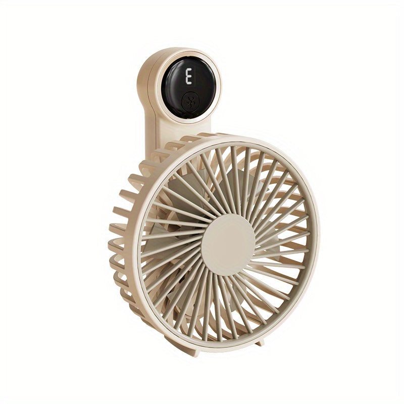 Small handheld USB fan with adjustable speeds, digital display, and long-lasting battery life - perfect for keeping cool on the go, at work, or during outdoor adventures. Makes a great gift!