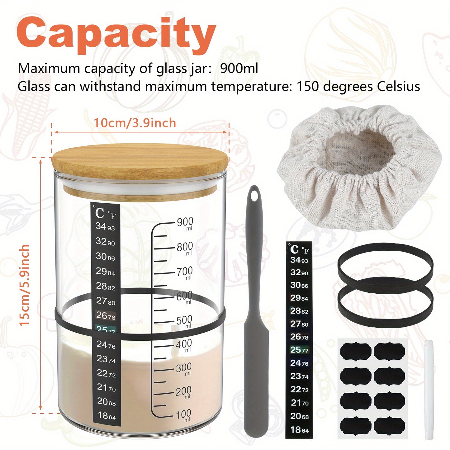 Large 900ML Sourdough Starter Jar Kit includes container, lid, spatula, tape, and thermometer. Wide mouth glass jar is ideal for baking sourdough bread.