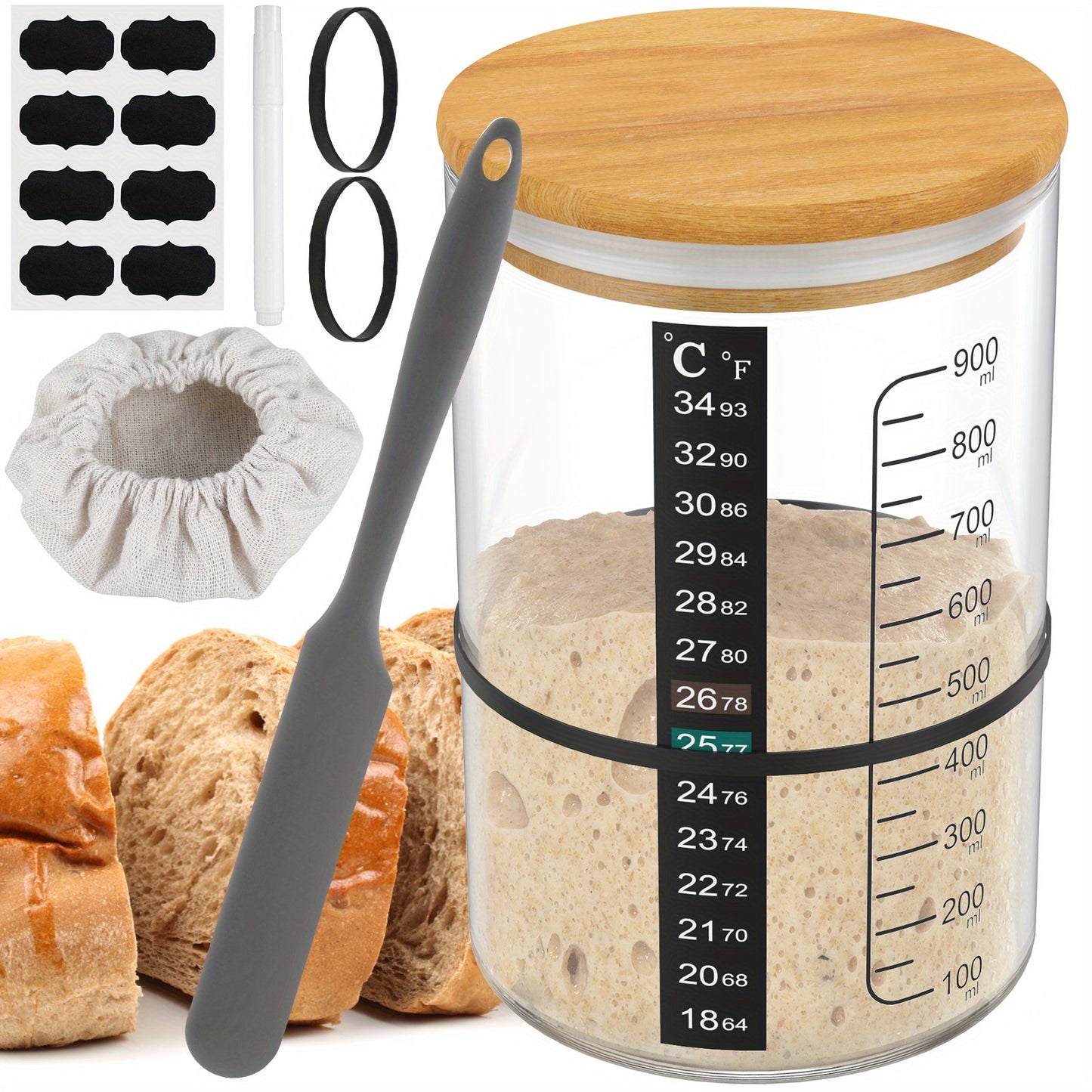 Large 900ML Sourdough Starter Jar Kit includes container, lid, spatula, tape, and thermometer. Wide mouth glass jar is ideal for baking sourdough bread.