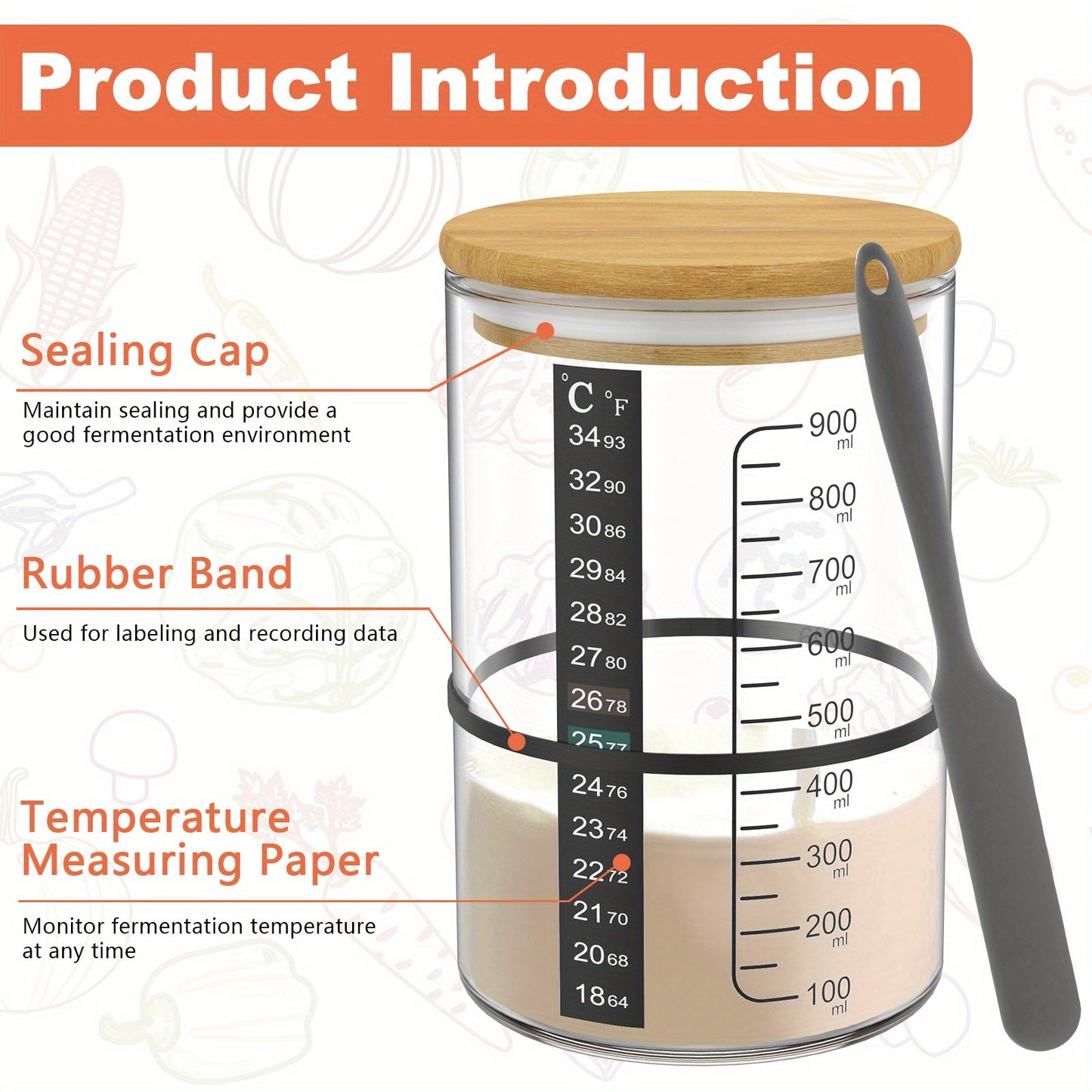 Large 900ML Sourdough Starter Jar Kit includes container, lid, spatula, tape, and thermometer. Wide mouth glass jar is ideal for baking sourdough bread.