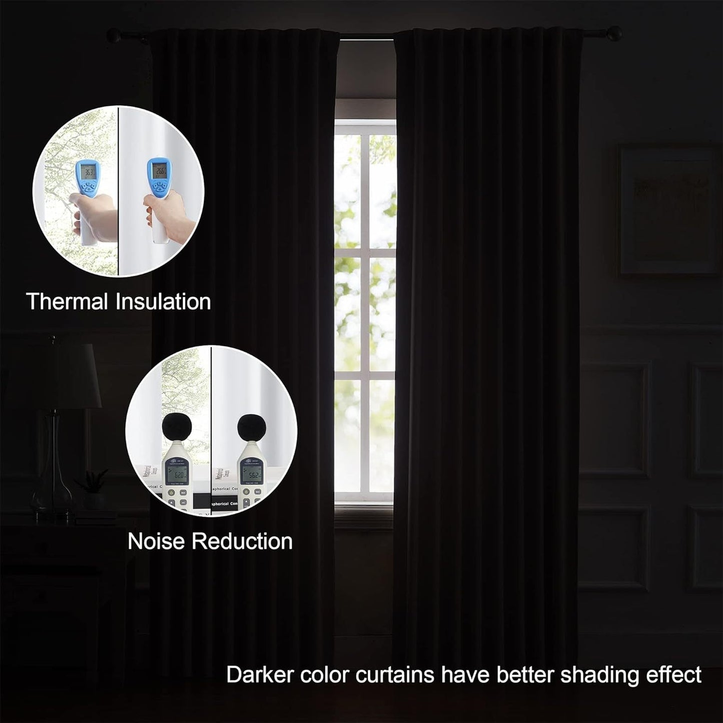 Cream and black thermal insulated blackout curtains with two panels. Perfect for darkening a room and providing insulation. Features back tab and rod pocket design for easy installation in a living room.