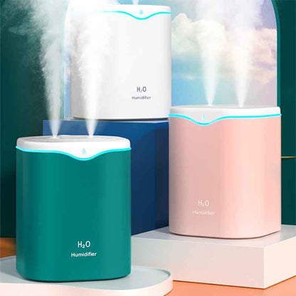 Portable ultrasonic humidifier with USB, dual mist, quiet operation, aromatherapy, 7-color nightlight, auto shut-off for home and travel.