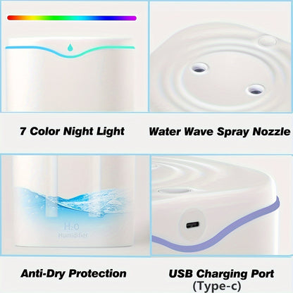 Portable ultrasonic humidifier with USB, dual mist, quiet operation, aromatherapy, 7-color nightlight, auto shut-off for home and travel.