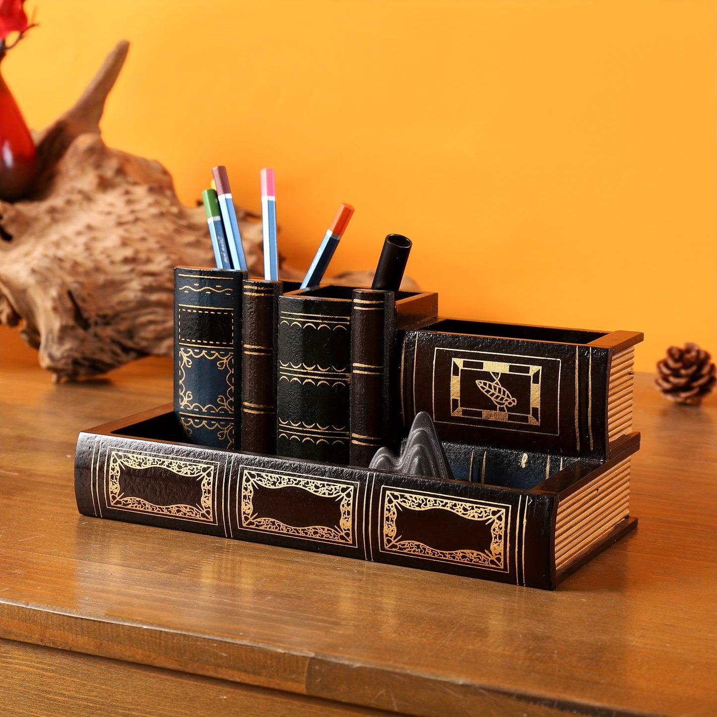 Book-shaped pen holder and desktop storage organizer with 1pc, perfect for keeping your desk tidy and serving as a versatile home decor piece.