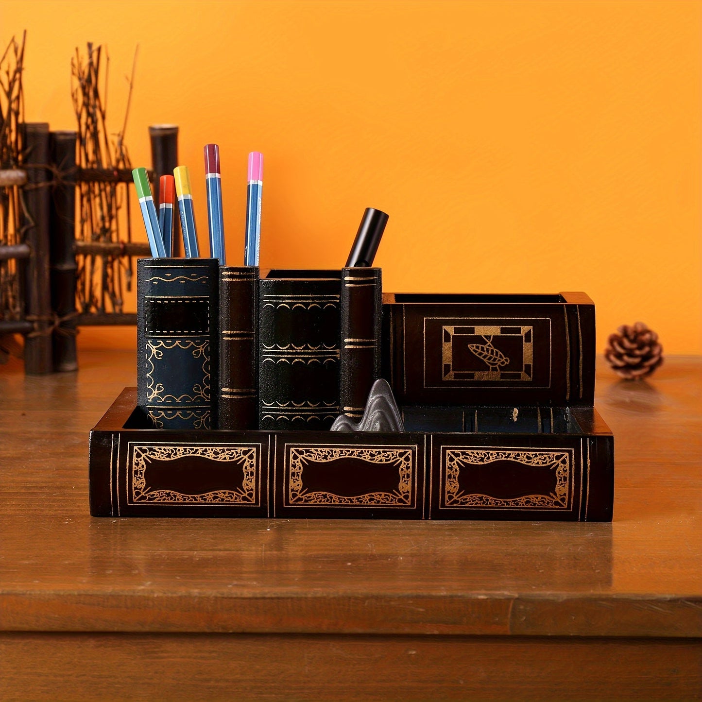 Book-shaped pen holder and desktop storage organizer with 1pc, perfect for keeping your desk tidy and serving as a versatile home decor piece.