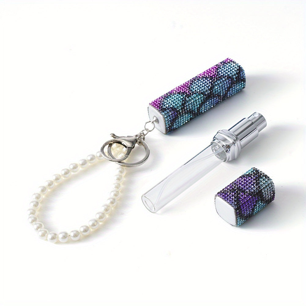 Stylish 10ml Perfume Atomizer Keychain adorned with Rhinestones & Faux Pearls - Convenient Refillable Scent Pump Holder for Women on the Go, Perfect for Travel, Car Keys, and Bags - Great Gift for Mother's Day, Valentine's, or Christmas