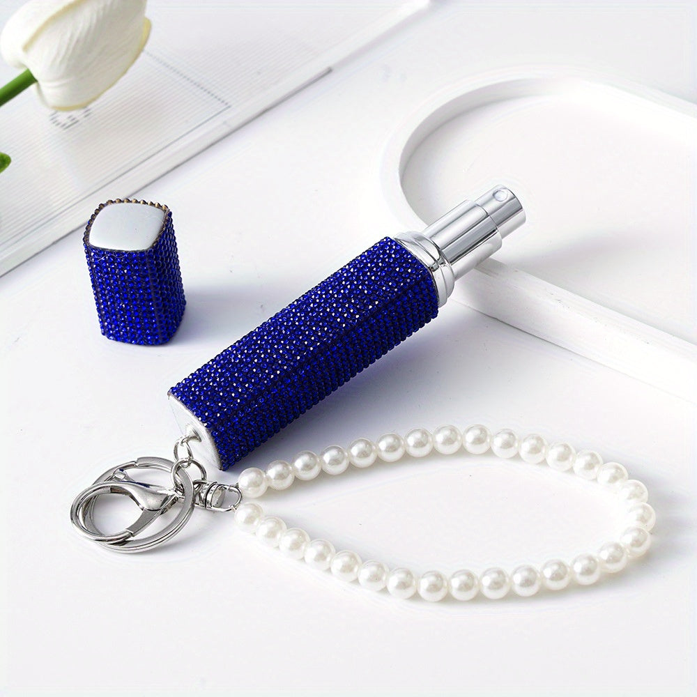 Stylish 10ml Perfume Atomizer Keychain adorned with Rhinestones & Faux Pearls - Convenient Refillable Scent Pump Holder for Women on the Go, Perfect for Travel, Car Keys, and Bags - Great Gift for Mother's Day, Valentine's, or Christmas