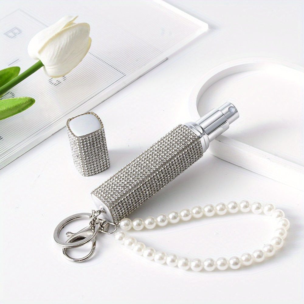 Stylish 10ml Perfume Atomizer Keychain adorned with Rhinestones & Faux Pearls - Convenient Refillable Scent Pump Holder for Women on the Go, Perfect for Travel, Car Keys, and Bags - Great Gift for Mother's Day, Valentine's, or Christmas