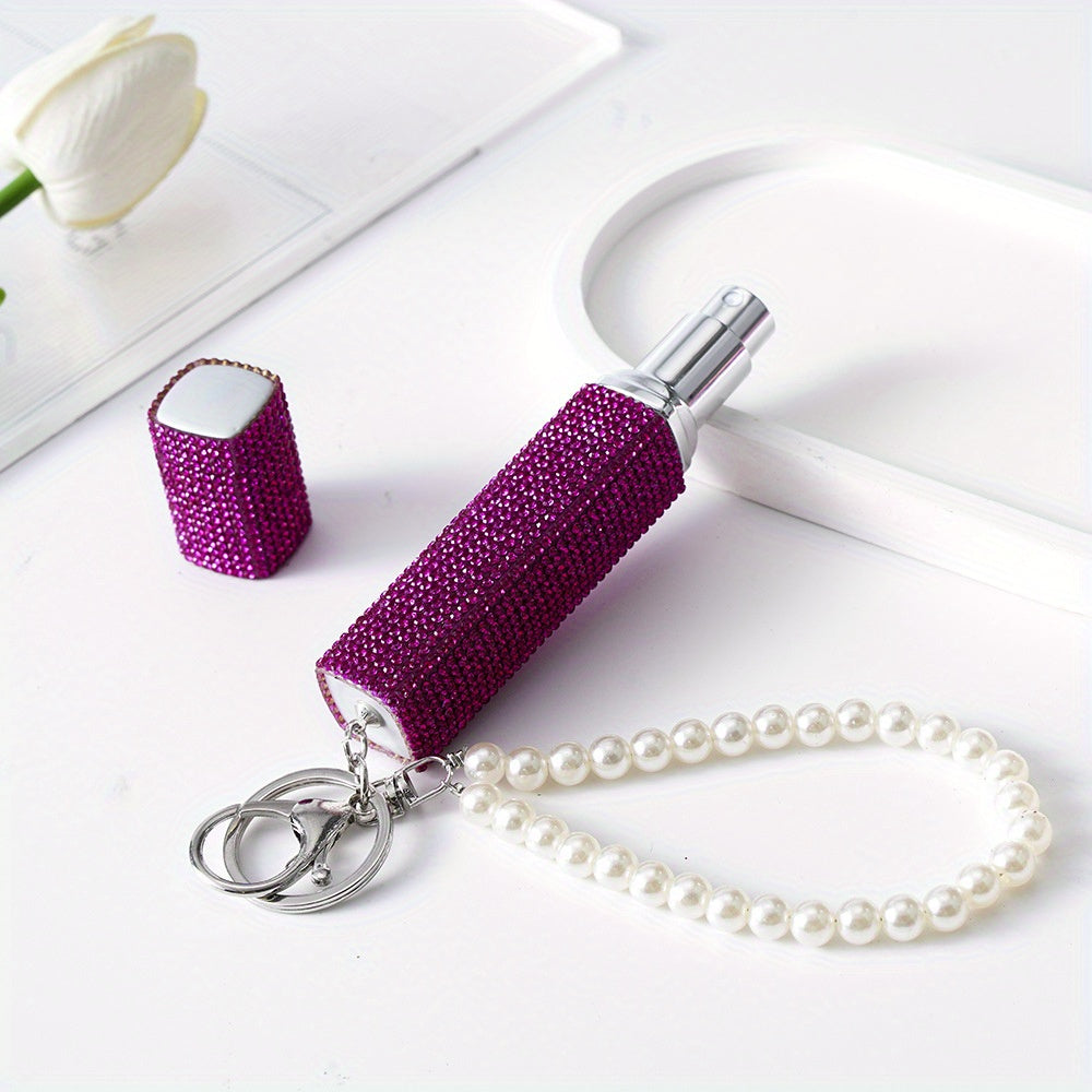 Stylish 10ml Perfume Atomizer Keychain adorned with Rhinestones & Faux Pearls - Convenient Refillable Scent Pump Holder for Women on the Go, Perfect for Travel, Car Keys, and Bags - Great Gift for Mother's Day, Valentine's, or Christmas