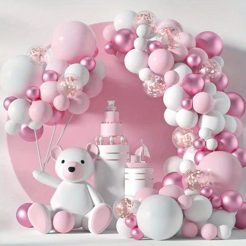 40 piece Macaron Pink & White Balloon Set with metallic light pink confetti, ideal for various events such as birthdays, anniversaries, weddings, graduations, and girls' parties.