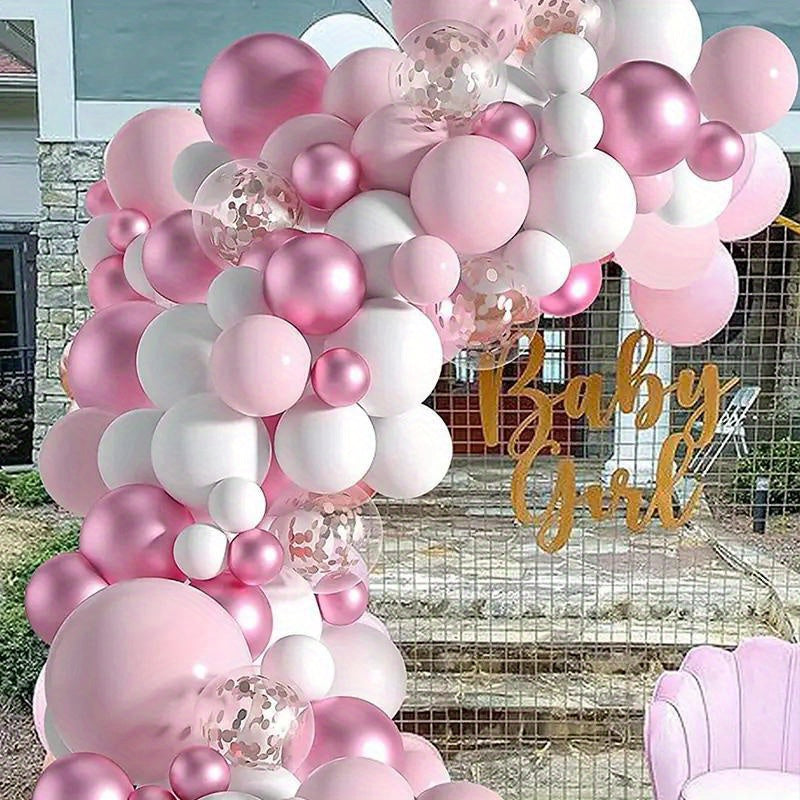 40 piece Macaron Pink & White Balloon Set with metallic light pink confetti, ideal for various events such as birthdays, anniversaries, weddings, graduations, and girls' parties.