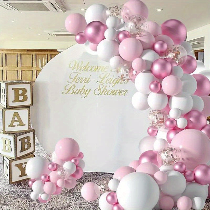 40 piece Macaron Pink & White Balloon Set with metallic light pink confetti, ideal for various events such as birthdays, anniversaries, weddings, graduations, and girls' parties.