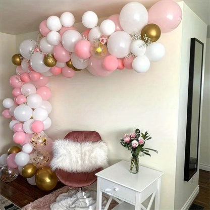 40 piece Macaron Pink & White Balloon Set with metallic light pink confetti, ideal for various events such as birthdays, anniversaries, weddings, graduations, and girls' parties.