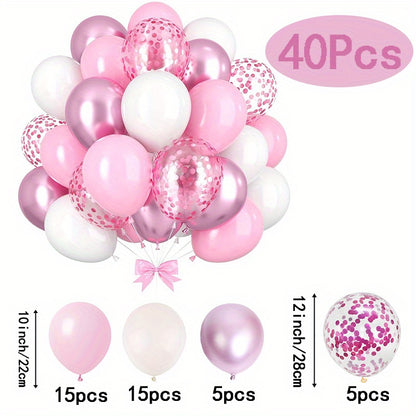 40 piece Macaron Pink & White Balloon Set with metallic light pink confetti, ideal for various events such as birthdays, anniversaries, weddings, graduations, and girls' parties.