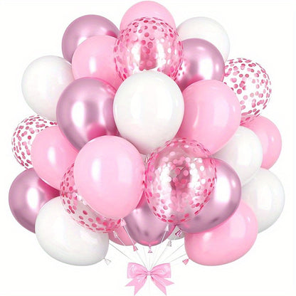 40 piece Macaron Pink & White Balloon Set with metallic light pink confetti, ideal for various events such as birthdays, anniversaries, weddings, graduations, and girls' parties.