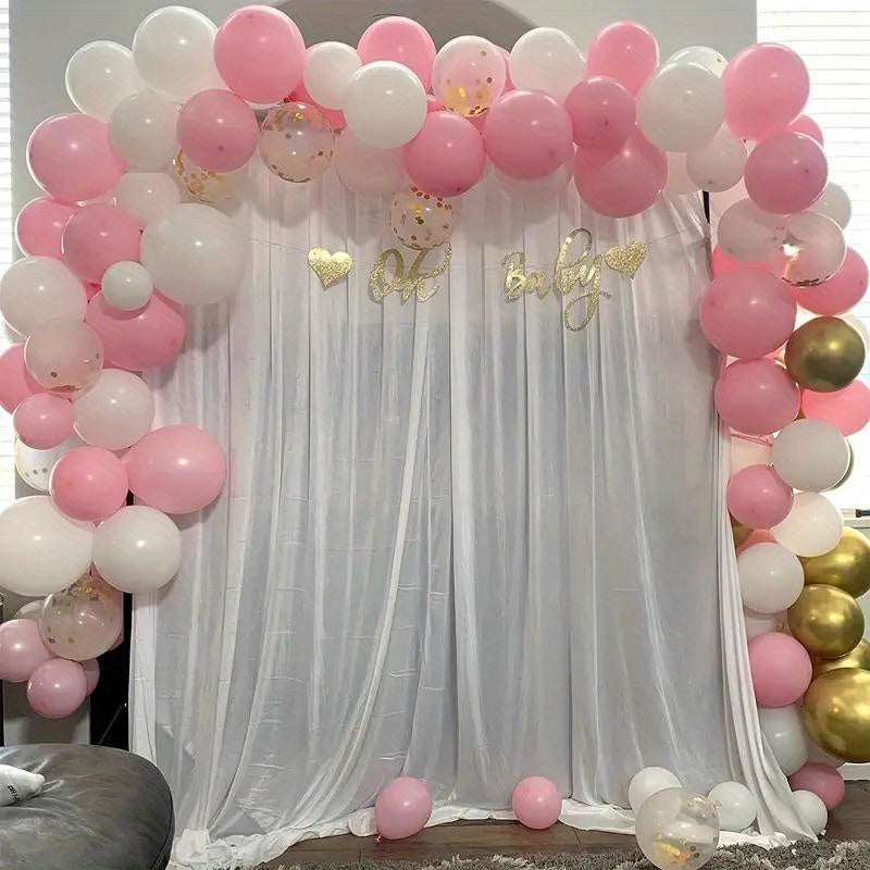 40 piece Macaron Pink & White Balloon Set with metallic light pink confetti, ideal for various events such as birthdays, anniversaries, weddings, graduations, and girls' parties.