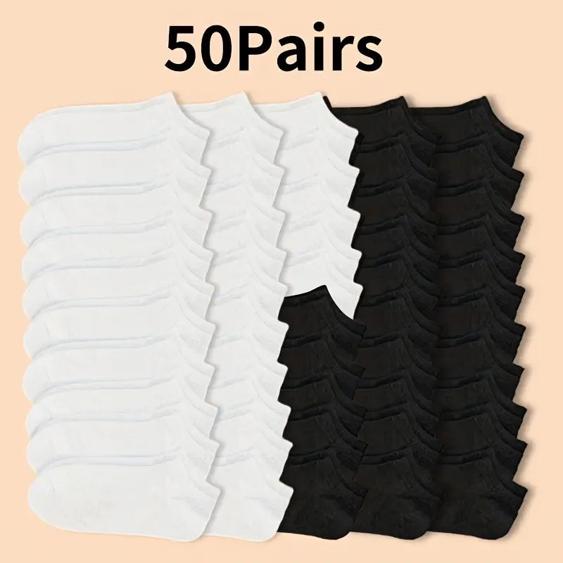 50 pairs of breathable, lightweight polyester blend no-show socks in black, white, and gray for summer comfort.