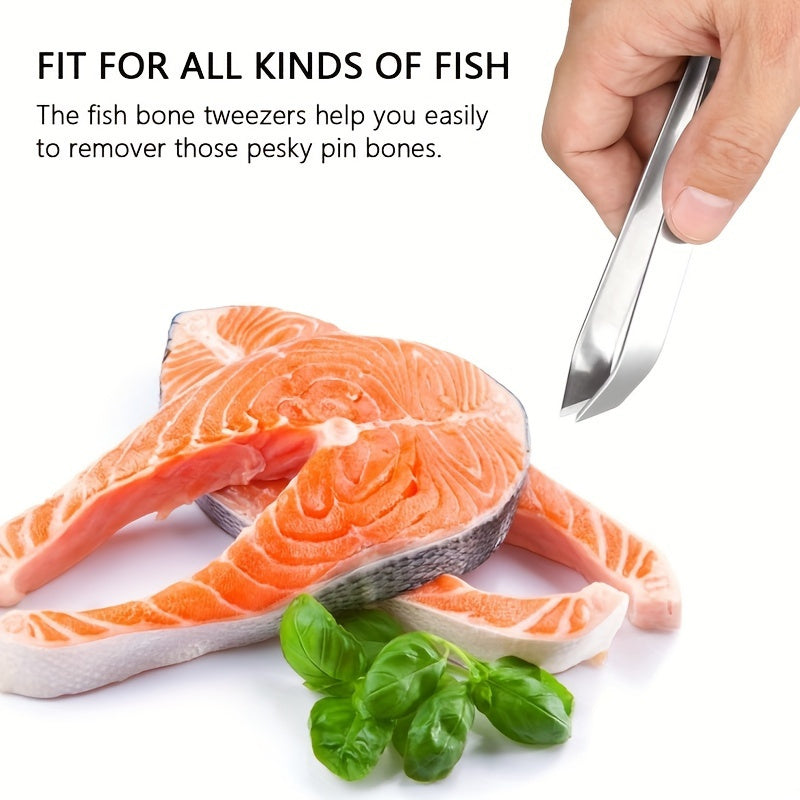 Professional grade fishbone tweezers with stainless steel flat and tilted tips for easy removal, perfect for restaurants and home cooking.