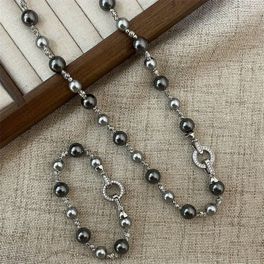 Exquisite 925 Silver-Plated Shell Pearl Necklace and Bracelet Set - Elegant Tahitian-Inspired Sweater Chain Jewelry for Women, Perfect for Everyday Wear and Gifting - Exclusive High-Quality Sweater Chain Accessory