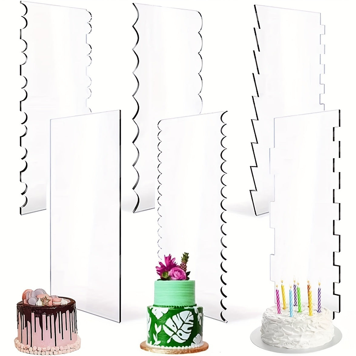 Set of 6 acrylic cake scrapers - Multifunctional tools for smoothing and shaping your baked goods, perfect for DIY baking. Easy to clean and food-safe, these gadgets are a must-have for your kitchen.