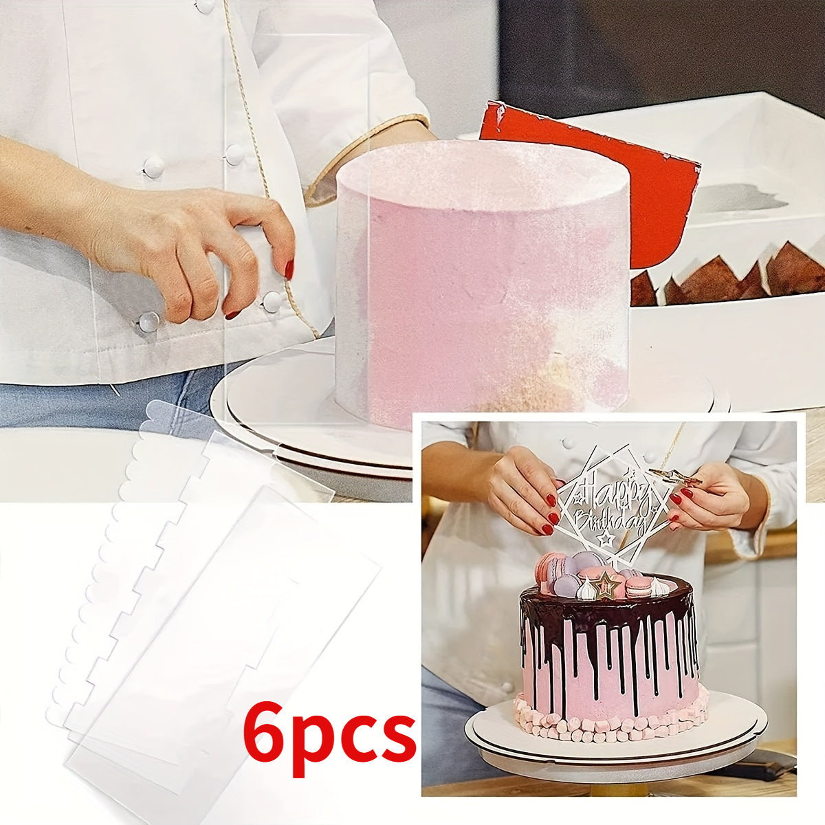 Set of 6 acrylic cake scrapers - Multifunctional tools for smoothing and shaping your baked goods, perfect for DIY baking. Easy to clean and food-safe, these gadgets are a must-have for your kitchen.