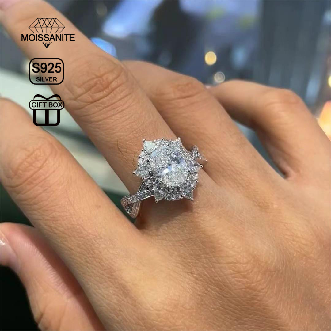 Luxurious Boho Style 2ct Oval Moissanite Engagement Ring in S925 Sterling Silver Plating, featuring a Hypoallergenic Cross Design for Women's Wedding Anniversary. Comes with an Elegant Gift Box, weighing 4.5g. Perfect for Valentine's Day, this Exquisite