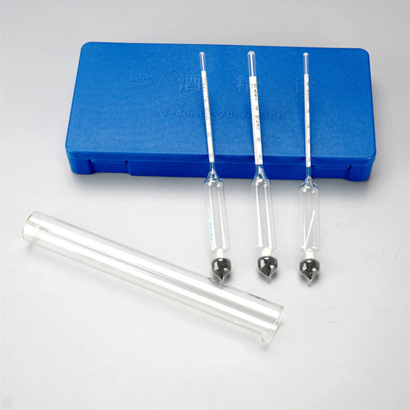 Alcohol testing kit with three test tubes for home brewing, liquor concentration, hygrometer, and density check.