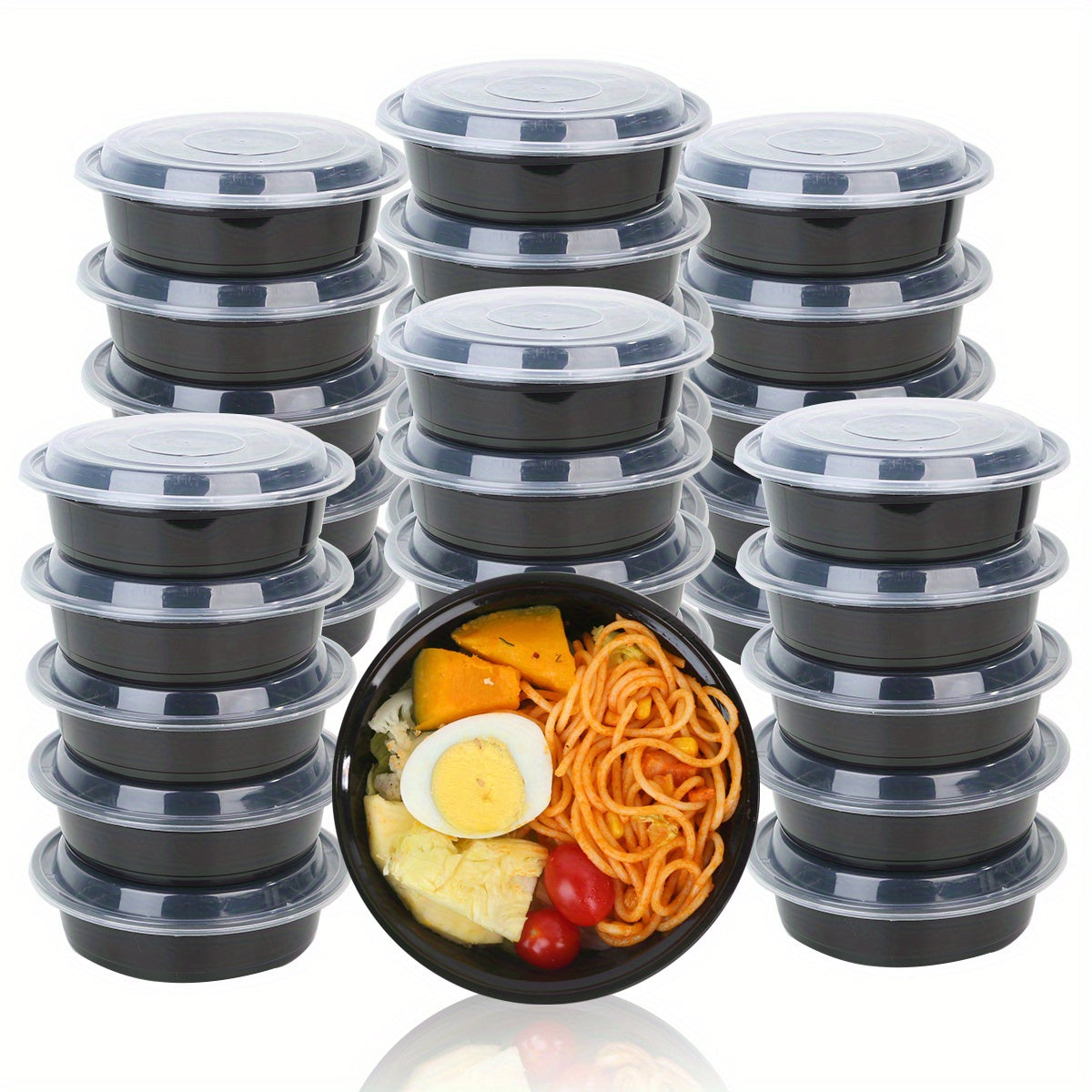 Black Round Food Storage Containers in Sets of 10, 30, or 50 - Stackable, Leak-proof, and Microwave Safe Lunch Boxes with Lids. Perfect for Meal Prep, Outdoor Activities, and School Supplies. Essential Kitchen Storage and Household Item.