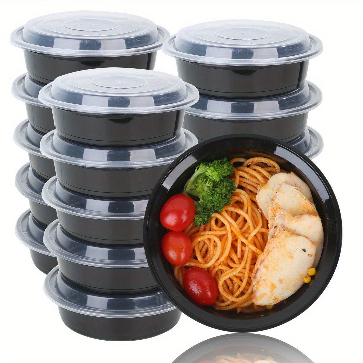 Black Round Food Storage Containers in Sets of 10, 30, or 50 - Stackable, Leak-proof, and Microwave Safe Lunch Boxes with Lids. Perfect for Meal Prep, Outdoor Activities, and School Supplies. Essential Kitchen Storage and Household Item.