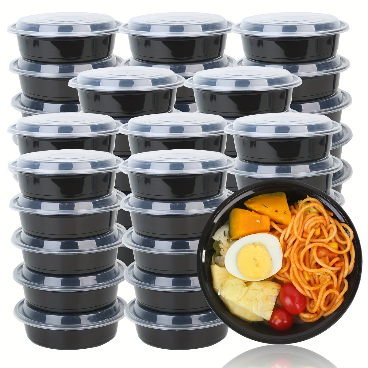 Black Round Food Storage Containers in Sets of 10, 30, or 50 - Stackable, Leak-proof, and Microwave Safe Lunch Boxes with Lids. Perfect for Meal Prep, Outdoor Activities, and School Supplies. Essential Kitchen Storage and Household Item.