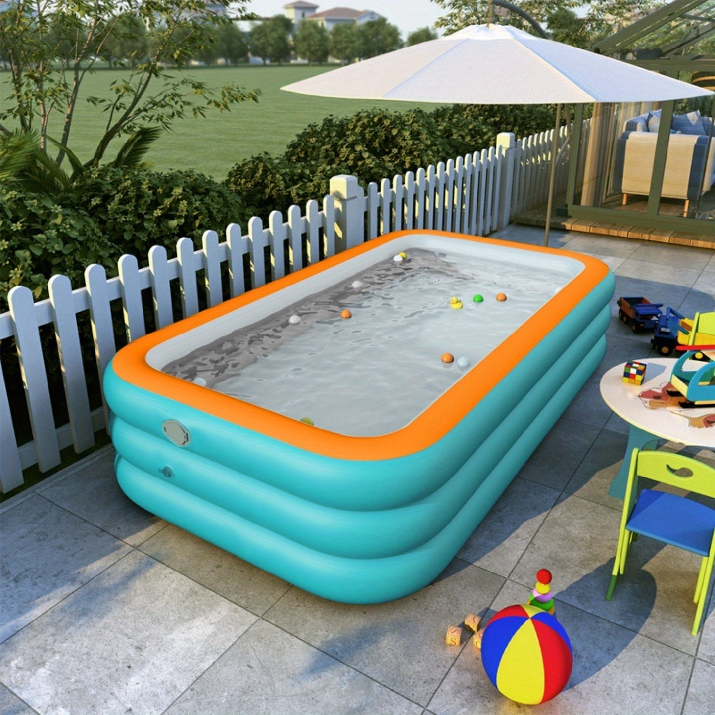 Large inflatable swimming pool for family use in outdoor areas, with multiple components for fun water parties.