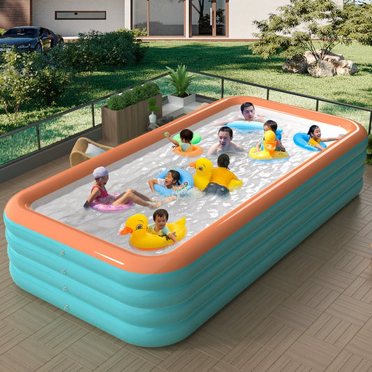 Large inflatable swimming pool for family use in outdoor areas, with multiple components for fun water parties.