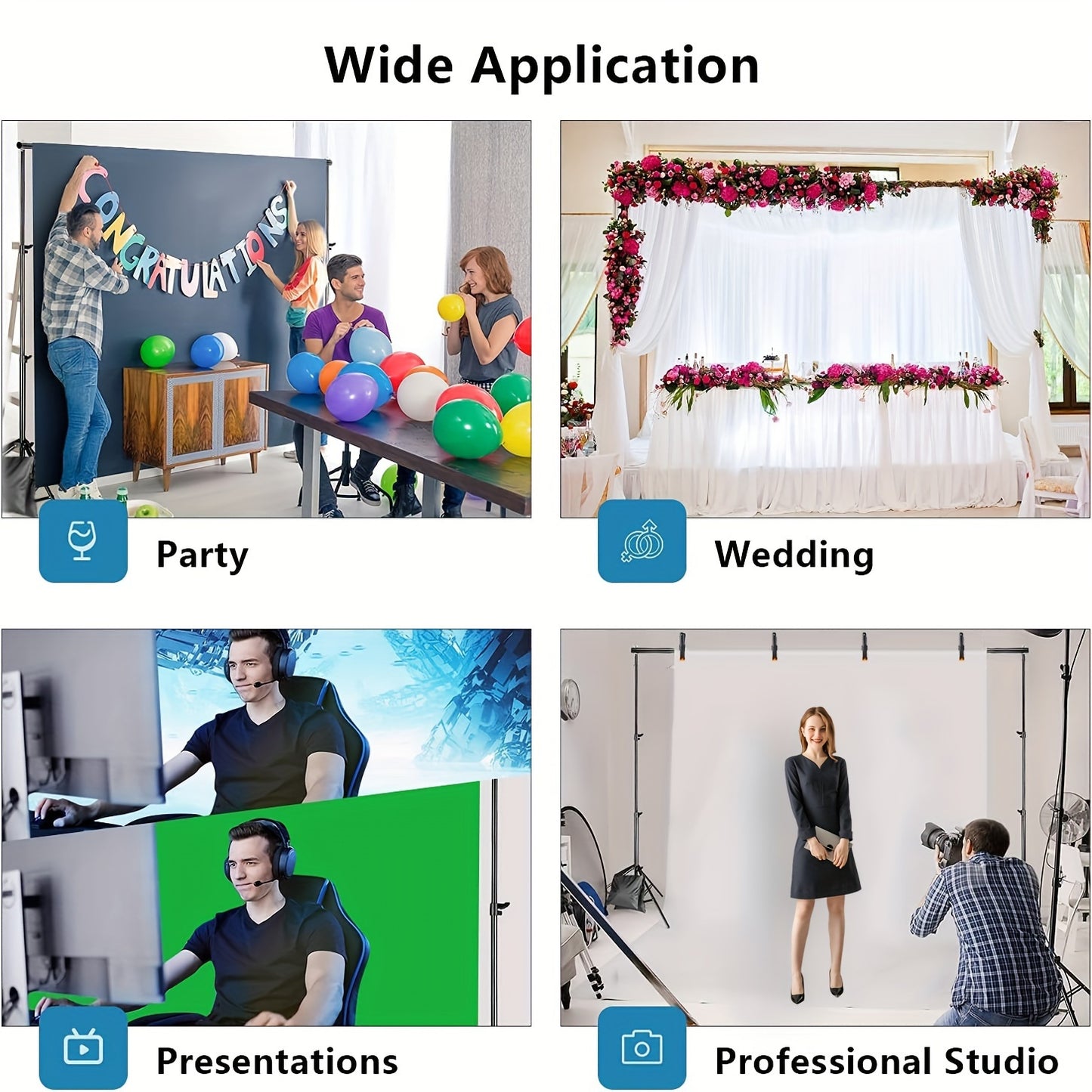 Adjustable backdrop stand for photo studio, parties, weddings - 7x7ft/2x2m with 3 crossbars, 4 clamps, and balloon arch support kit.