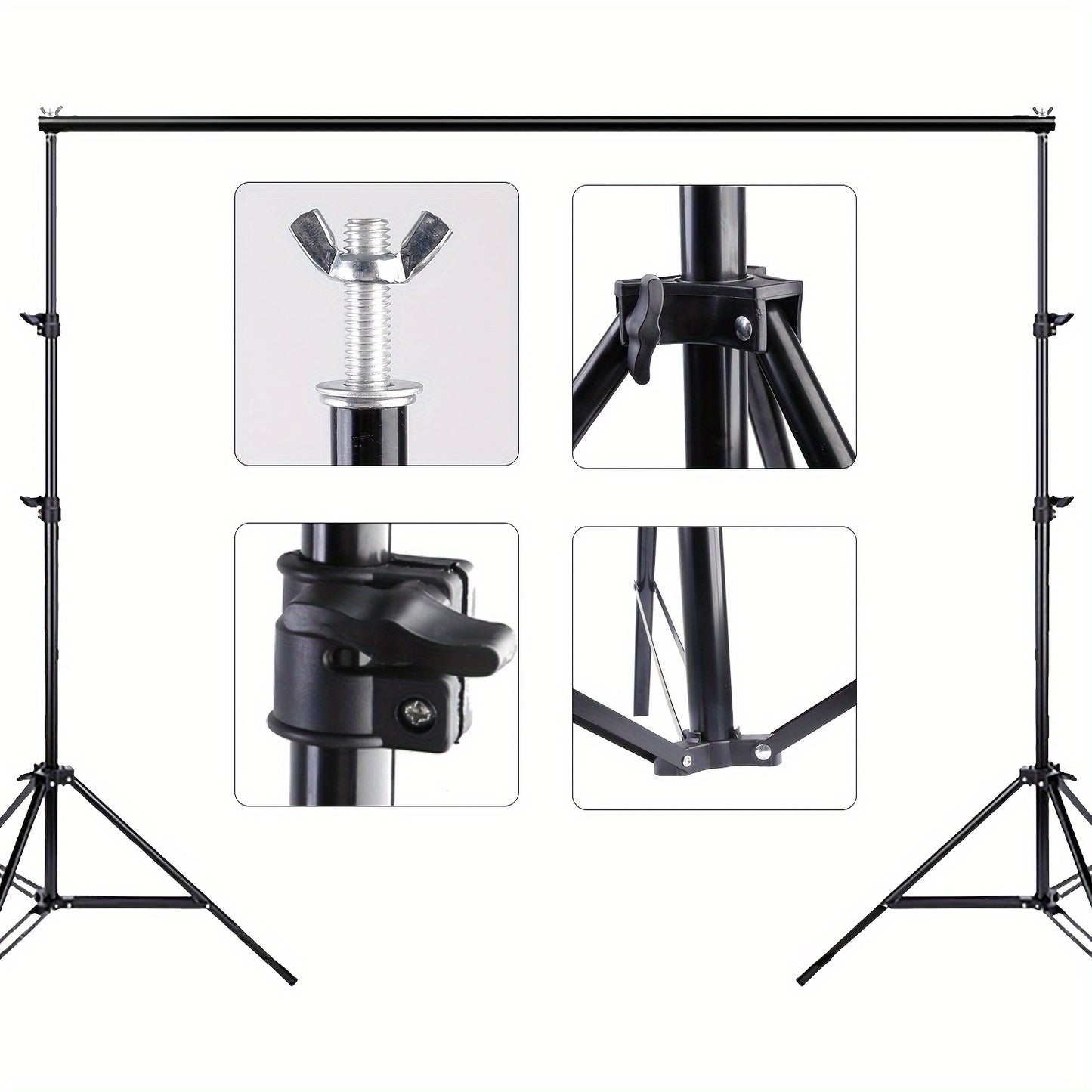 Adjustable backdrop stand for photo studio, parties, weddings - 7x7ft/2x2m with 3 crossbars, 4 clamps, and balloon arch support kit.