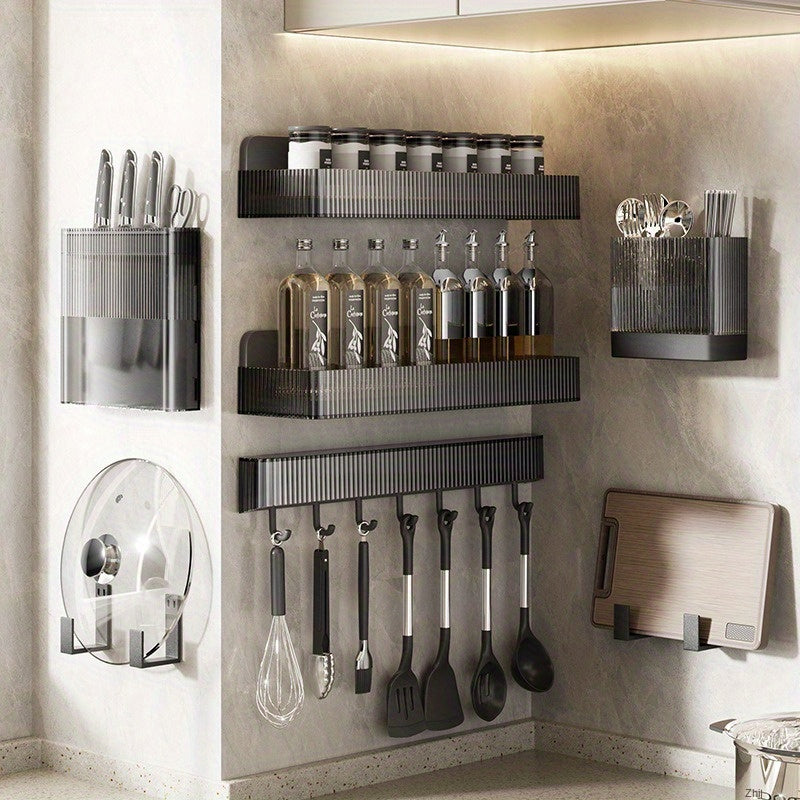 Set of kitchen organizer racks including spice jars, pot lid holder, cutting board holder, knife holder, and hooks. Made of durable plastic for open-storage, easily removable for cleaning. No electricity needed.