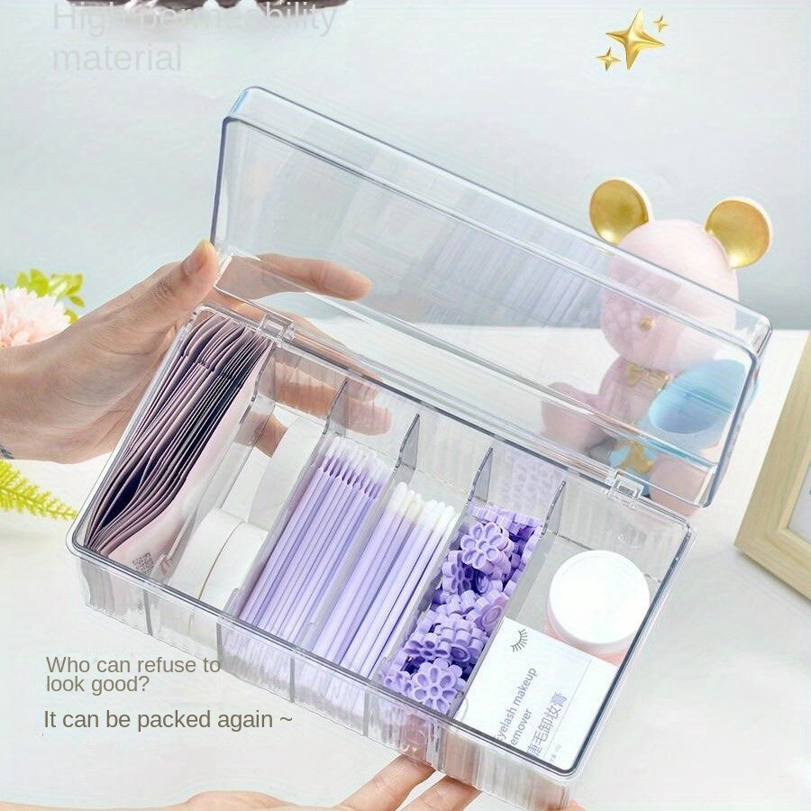 Clear acrylic storage box with secure lid for nails and eyelashes, dustproof with compartments for beauty tools.