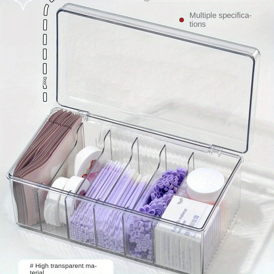 Clear acrylic storage box with secure lid for nails and eyelashes, dustproof with compartments for beauty tools.