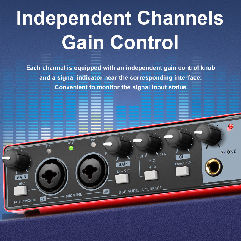 2-channel audio interface sound card with display, recording studio mixer for electric guitar on-site recording, 24Bit/196kHz for music recording, XLR interface with 48 phantom power