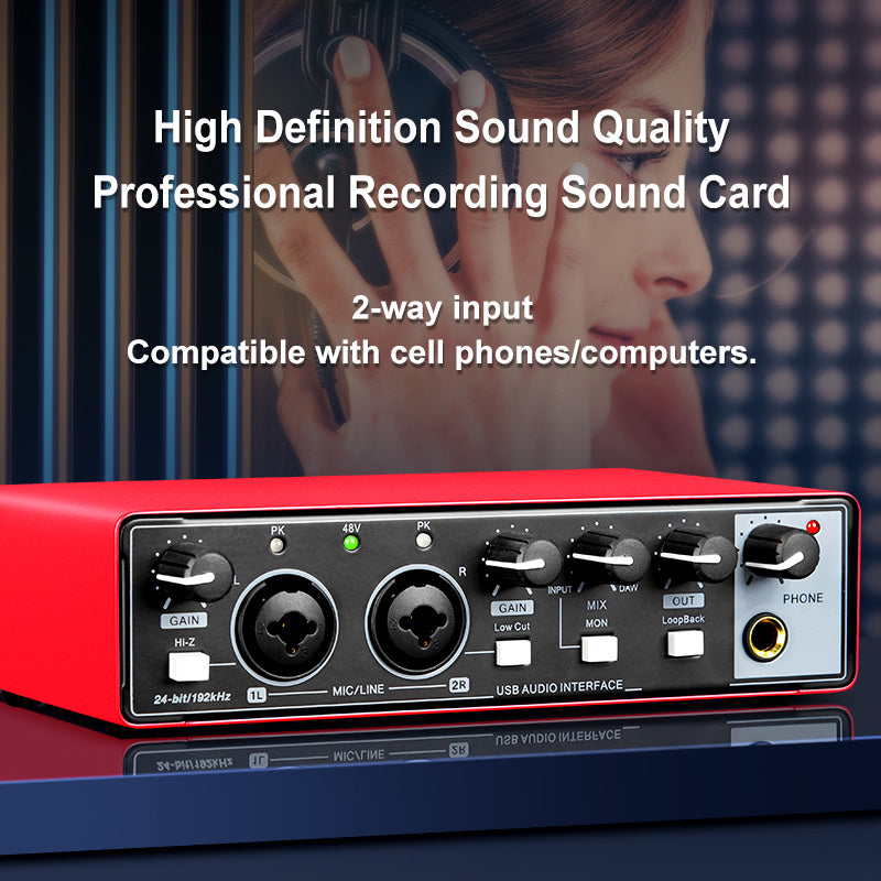 2-channel audio interface sound card with display, recording studio mixer for electric guitar on-site recording, 24Bit/196kHz for music recording, XLR interface with 48 phantom power