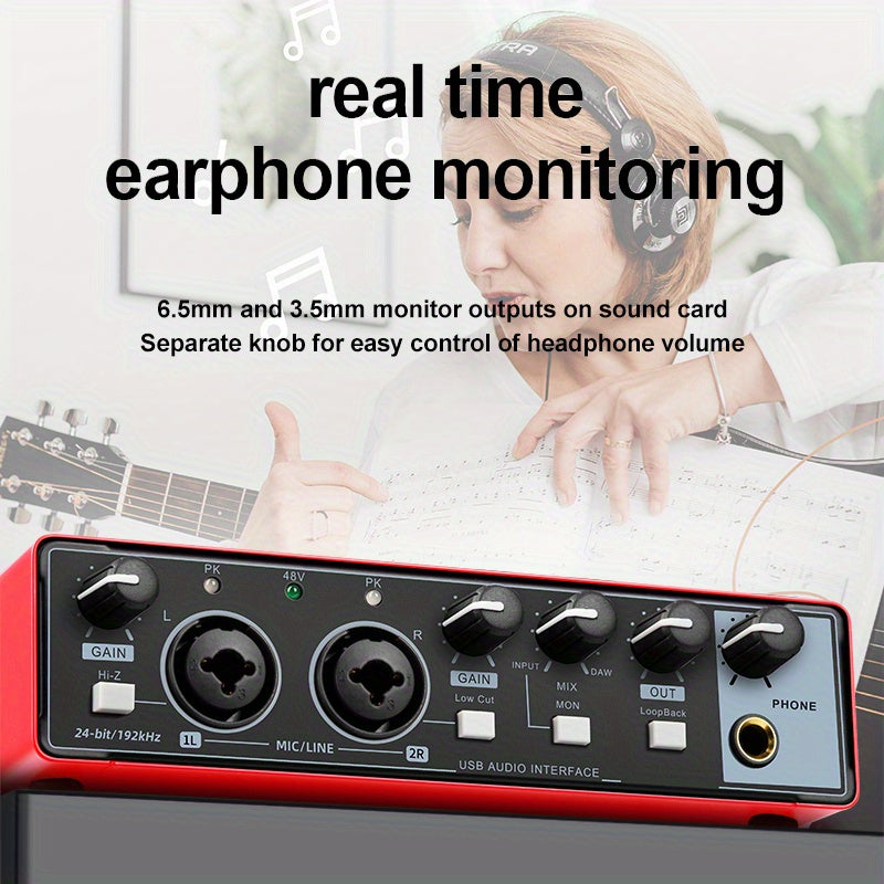 2-channel audio interface sound card with display, recording studio mixer for electric guitar on-site recording, 24Bit/196kHz for music recording, XLR interface with 48 phantom power