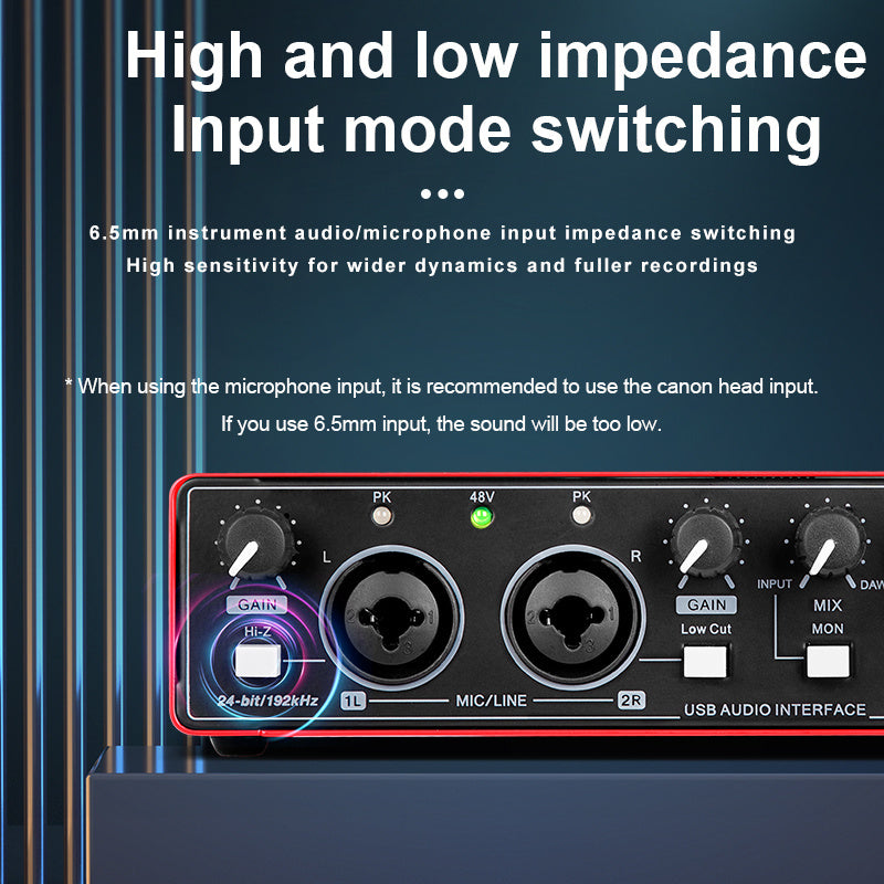 Professional 2-channel Audio Interface Sound Card with Display for high-quality recording in recording studios or on-site. Features 24Bit/196kHz resolution, XLR interface with 48v phantom