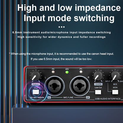 Professional 2-kanalli Audio Interface Sound Card, yuqori sifatli yozuvlar uchun yozuv studiyalarida yoki joyida foydalanish uchun mo'ljallangan. 24Bit/196kHz rezolyutsiyasi, 48v fantom bilan XLR interfeysi mavjud.