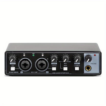 Professional 2-kanalli Audio Interface Sound Card, yuqori sifatli yozuvlar uchun yozuv studiyalarida yoki joyida foydalanish uchun mo'ljallangan. 24Bit/196kHz rezolyutsiyasi, 48v fantom bilan XLR interfeysi mavjud.