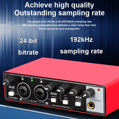 Professional 2-kanalli Audio Interface Sound Card, yuqori sifatli yozuvlar uchun yozuv studiyalarida yoki joyida foydalanish uchun mo'ljallangan. 24Bit/196kHz rezolyutsiyasi, 48v fantom bilan XLR interfeysi mavjud.