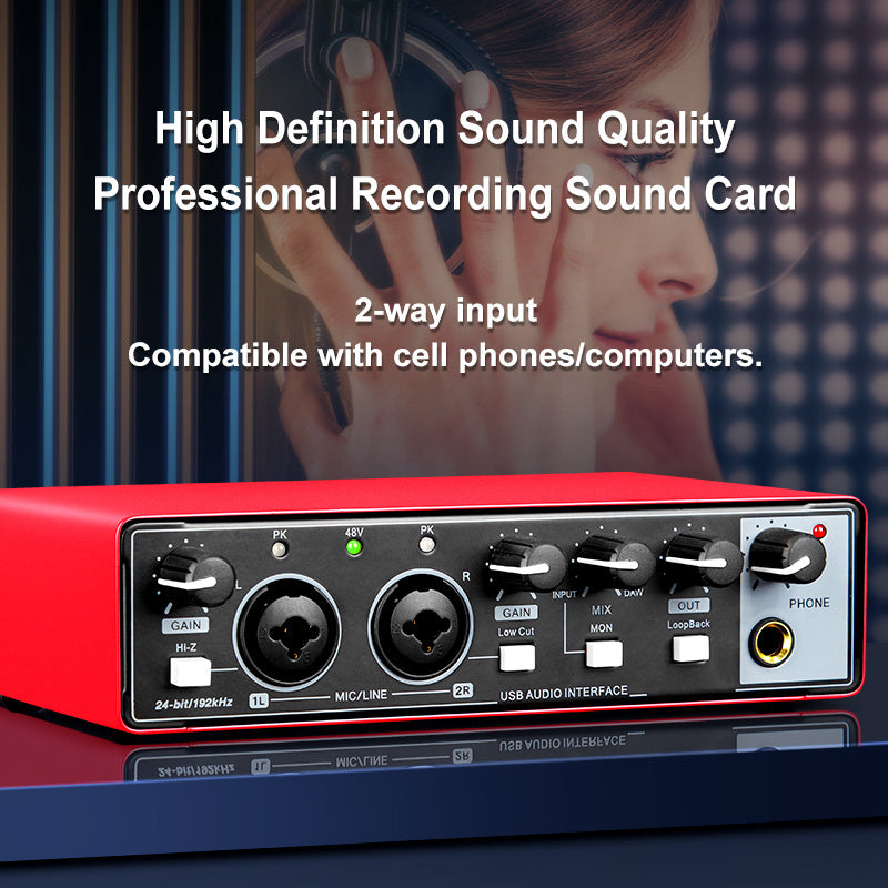 Professional 2-kanalli Audio Interface Sound Card, yuqori sifatli yozuvlar uchun yozuv studiyalarida yoki joyida foydalanish uchun mo'ljallangan. 24Bit/196kHz rezolyutsiyasi, 48v fantom bilan XLR interfeysi mavjud.