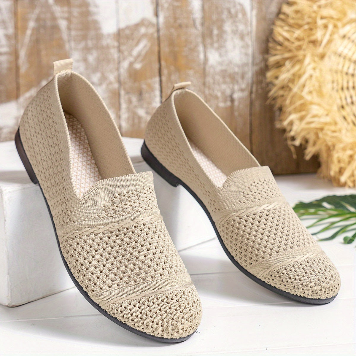 Comfortable beige knit slip-on loafers for women, perfect for all seasons.